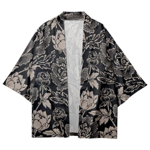 Black and Gray Flowers Kimono